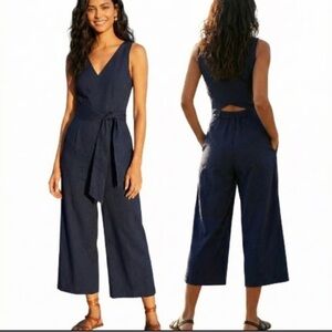 J.Crew Navy Sleeveless Navy Wide-Leg Ankle Jumpsuit V-Neck Waist Tie Size 8